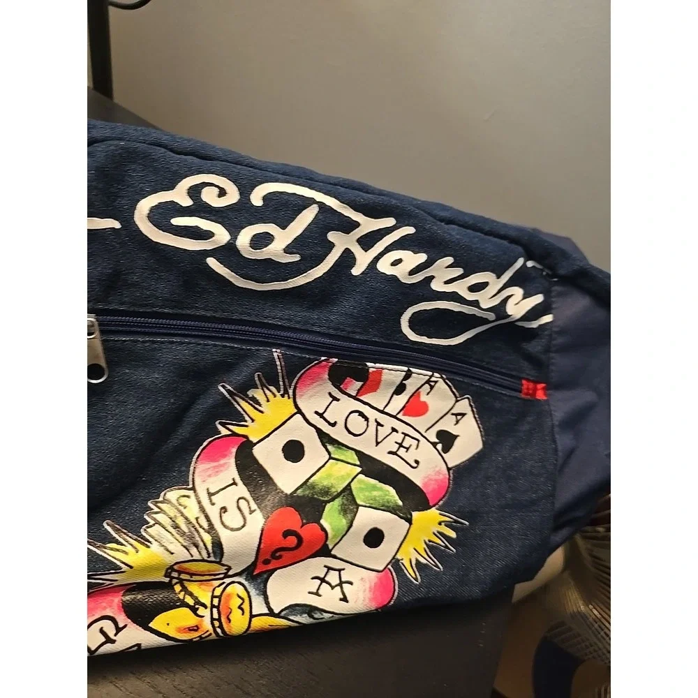 Ed Hardy Love is a Gamble Blue Zip Denim/Canvas Duffel Travel Gym Bag.